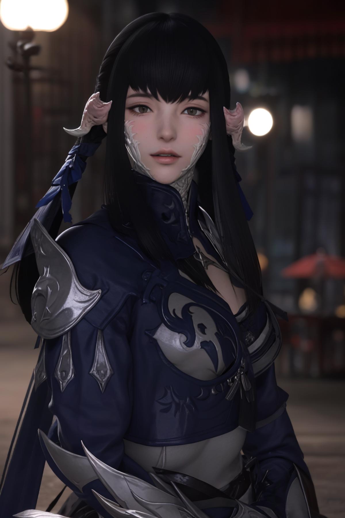 masterpiece, 8k, perfect ligthing, adult, female, looking at viewer, cinematic lighting,  black hair, avatar \(ff14\),scal...